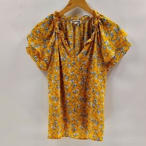 Pleione Pullover Blouse Medium Yellow Blue Floral Flutter Sleeve